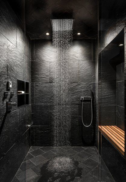 You can see a bathroom with black accents.